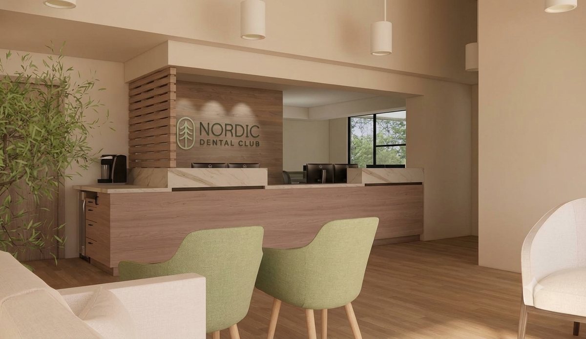 Rendering of the new reception desk with Nordic Dental Club signage