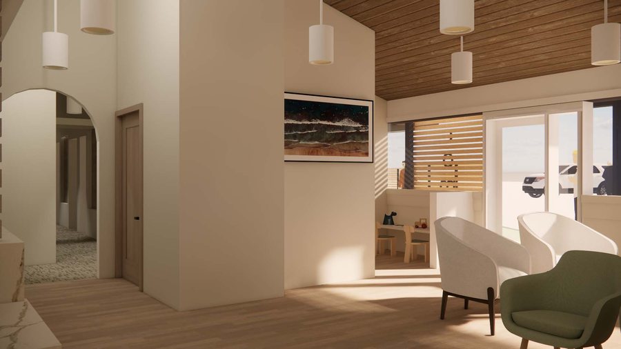 Rendering of the waiting lounge with wood floor and vaulted ceiling